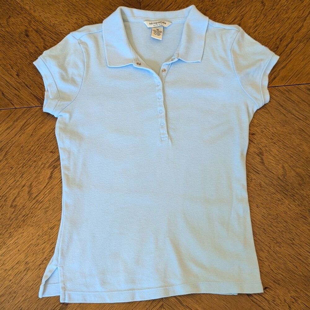Vintage Y2K Aéropostale Baby Blue Slim Fit Short Sleeve Polo Shirt Size Medium